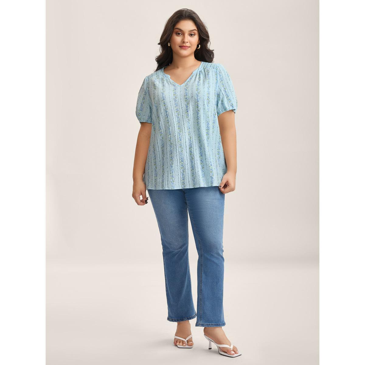 Plus Size LightBlue Cotton Floral Print Notched Collar Blouse Women Short sleeve Flat collar Everyday-Elegant Blouses BloomChic 30/6X Product Image