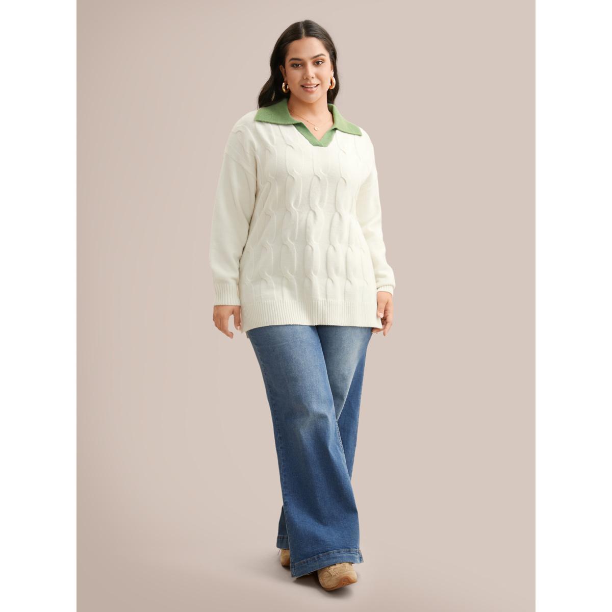 Plus Size Supersoft Essentials Contrast Polo Neck Cable Knit Pullover Beige Women Casual Loose Long Sleeve Polo Everyday Pullovers BloomChic 26/4X Product Image