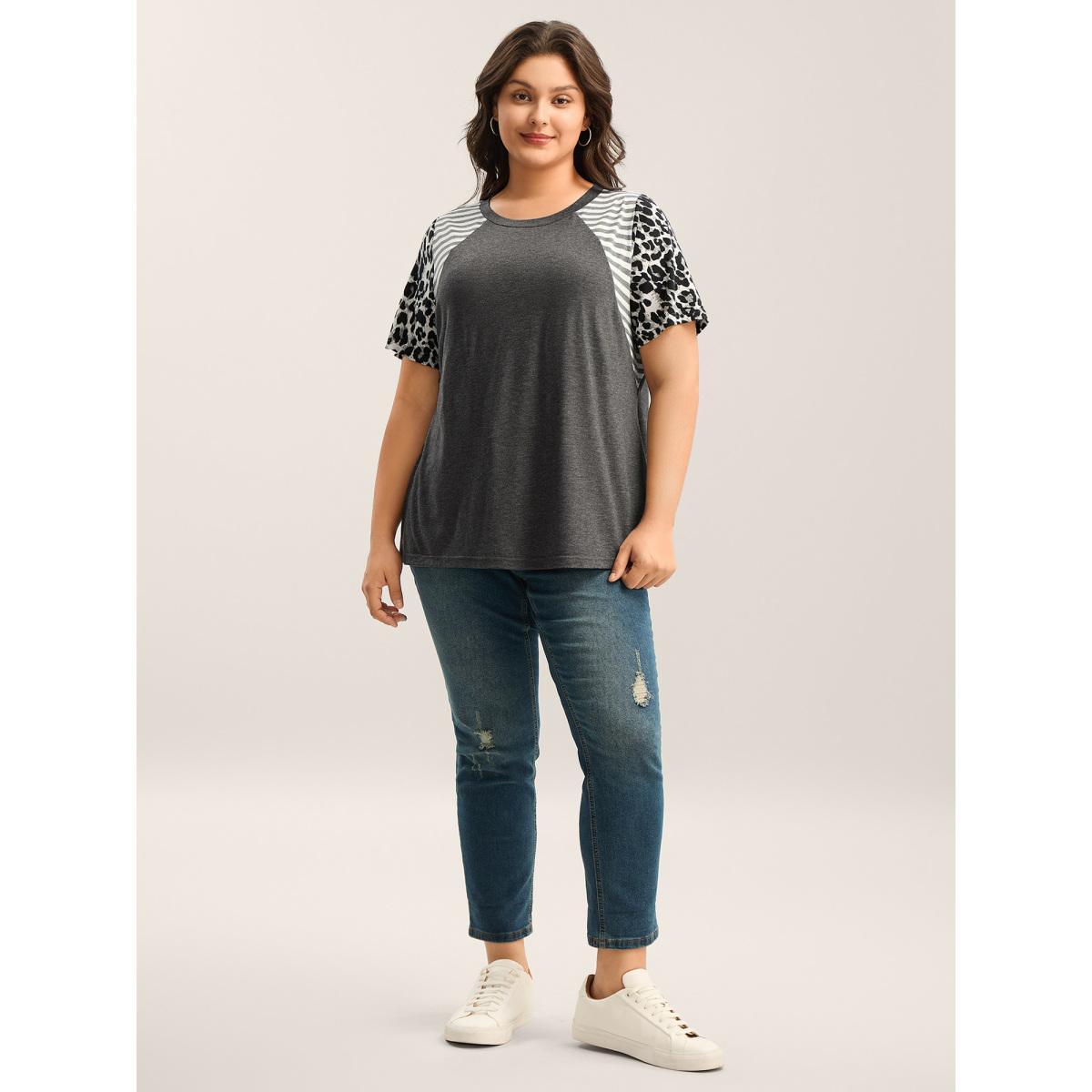 Plus Size Leopard Stripes Raglan Sleeve T-Shirt DimGray Women Contrast Round Neck Everyday-Casual T-shirts BloomChic 12/L Product Image