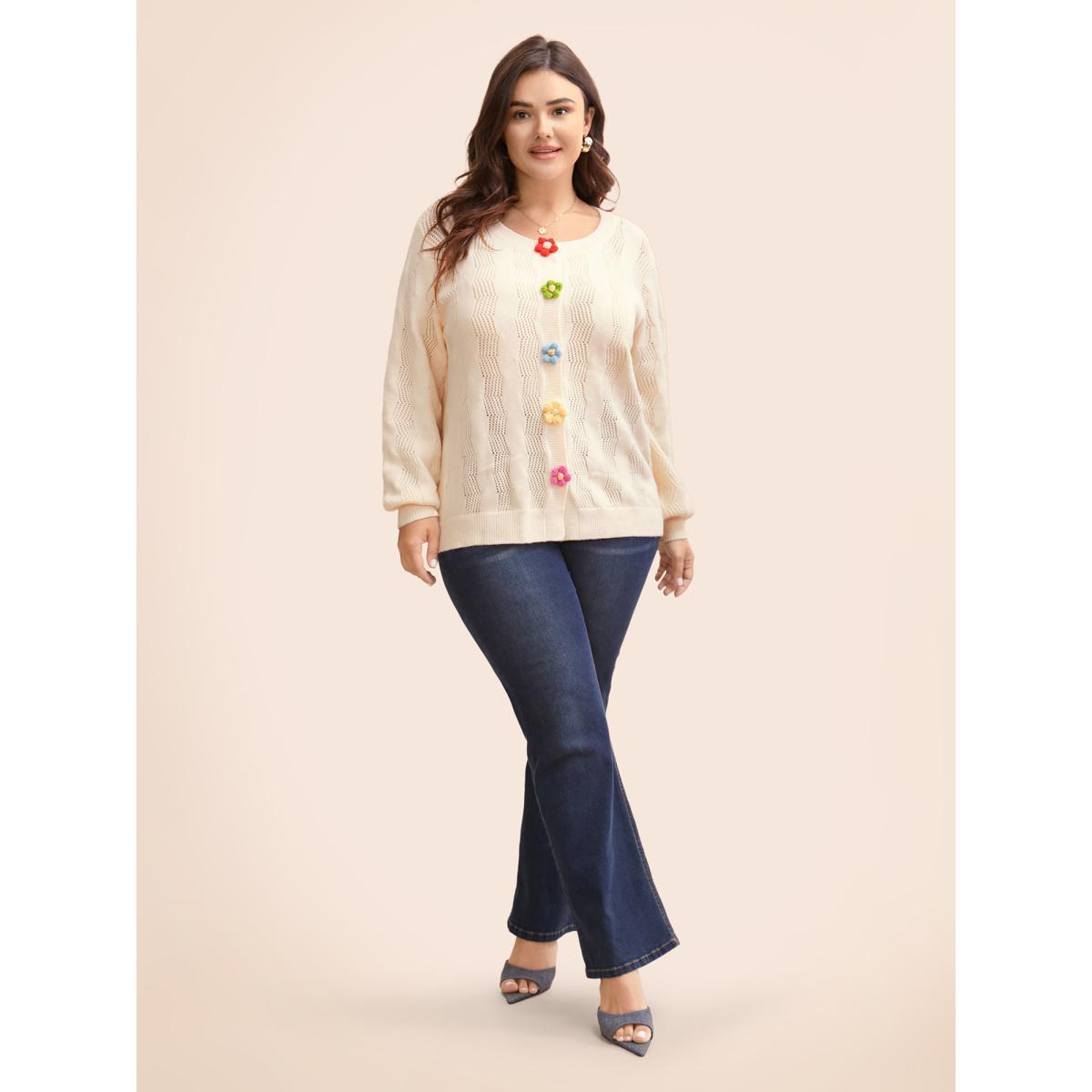 Plus Size Supersoft Essentials Stereo Flower Design Textured Cardigan Beige Women Casual Loose Long Sleeve Everyday Cardigans BloomChic 12/L Product Image