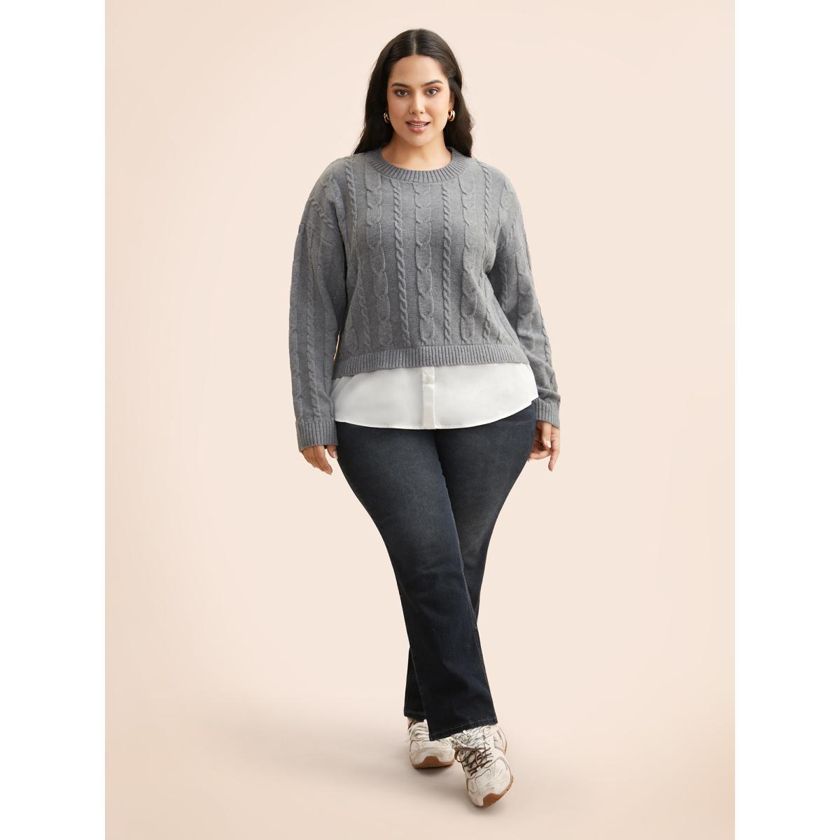 Plus Size Supersoft Essentials Cable Knit Patchwork Pullover DarkGray Women Casual Long Sleeve Round Neck Everyday Pullovers BloomChic 18-20/2X Product Image