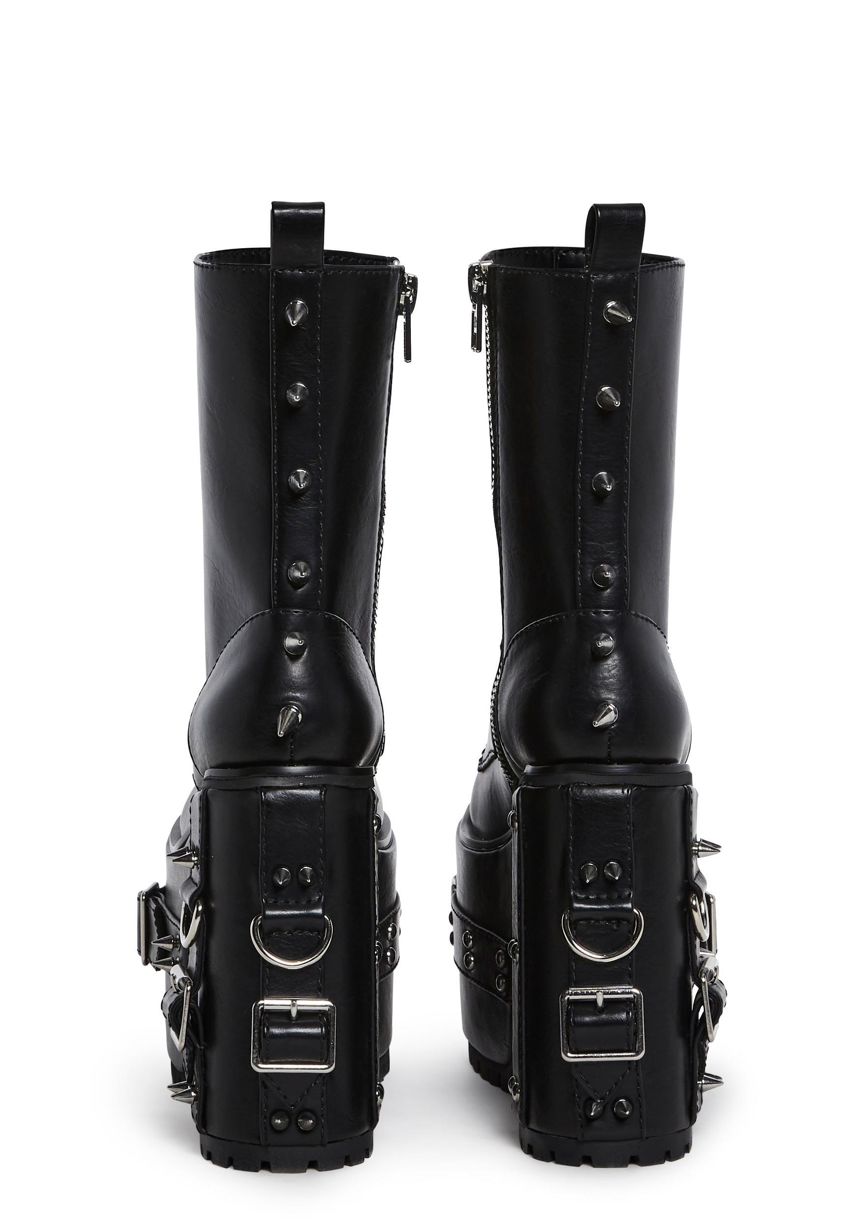 Spiked Buckle D-Ring Lace-Up Combat Boots Current Mood - Black Product Image