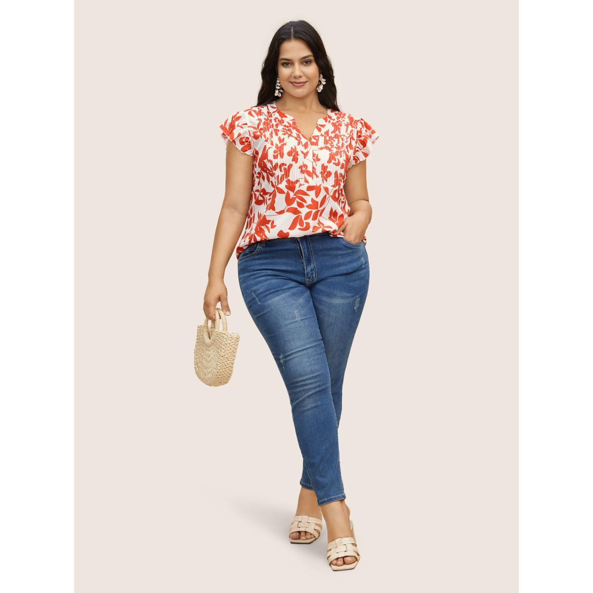 Plus Size OrangeRed Silhouette Floral Print Notched Collar Pleated Blouse Women Resort Cap Sleeve Notched collar Vacation Blouses BloomChic 14-16/1X Product Image