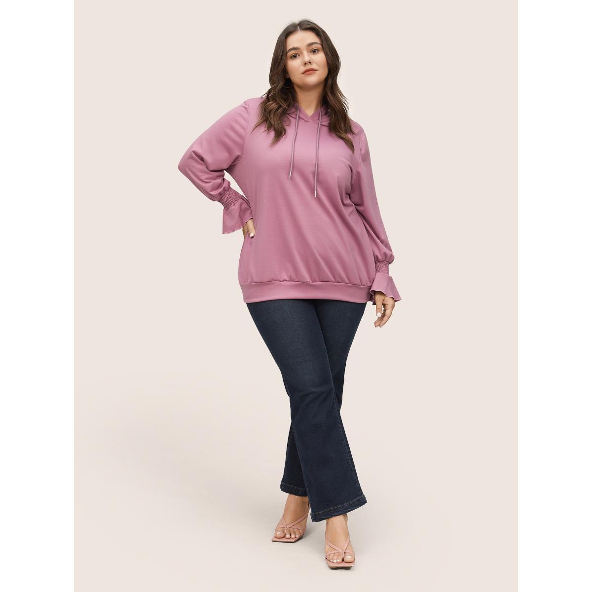 Plus Size Solid Shirred Flounces Hooded Sweatshirt Women DustyPink Casual Plain Hooded Everyday Sweatshirts BloomChic 10/M Product Image