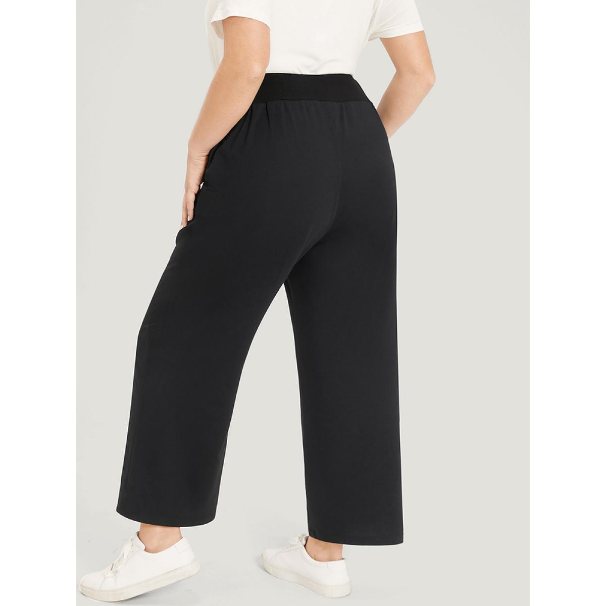 Plain Pocket Button Detail High Rise Sweatpants Black Plus Size Women Casual Dailywear Plain 14-16/1X Bloomchic Product Image