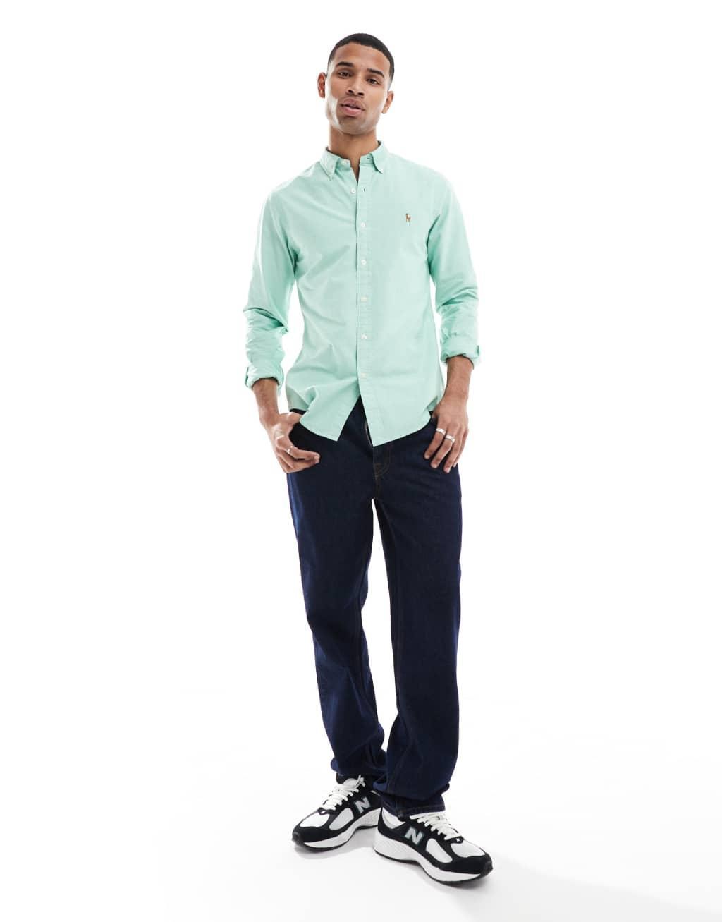 Polo Ralph Lauren icon logo slim fit oxford shirt in light green Product Image