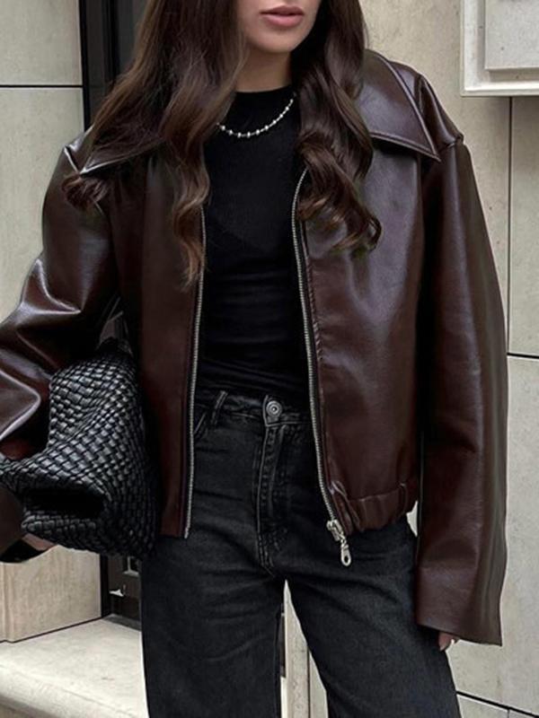 Long Sleeves Loose Elasticity Solid Color Zipper Lapel Jackets Outerwear Product Image