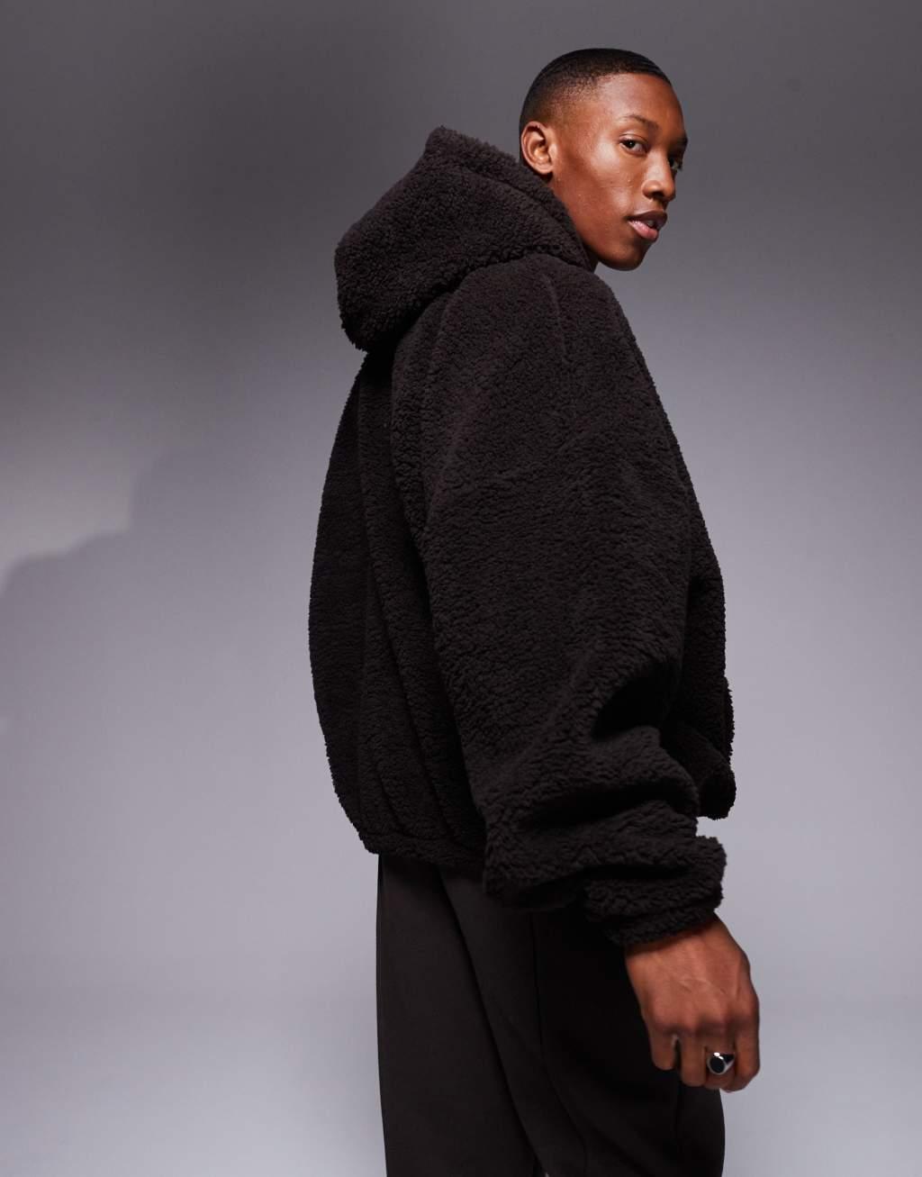 ASOS DESIGN extreme oversized borg hoodie in brown Product Image