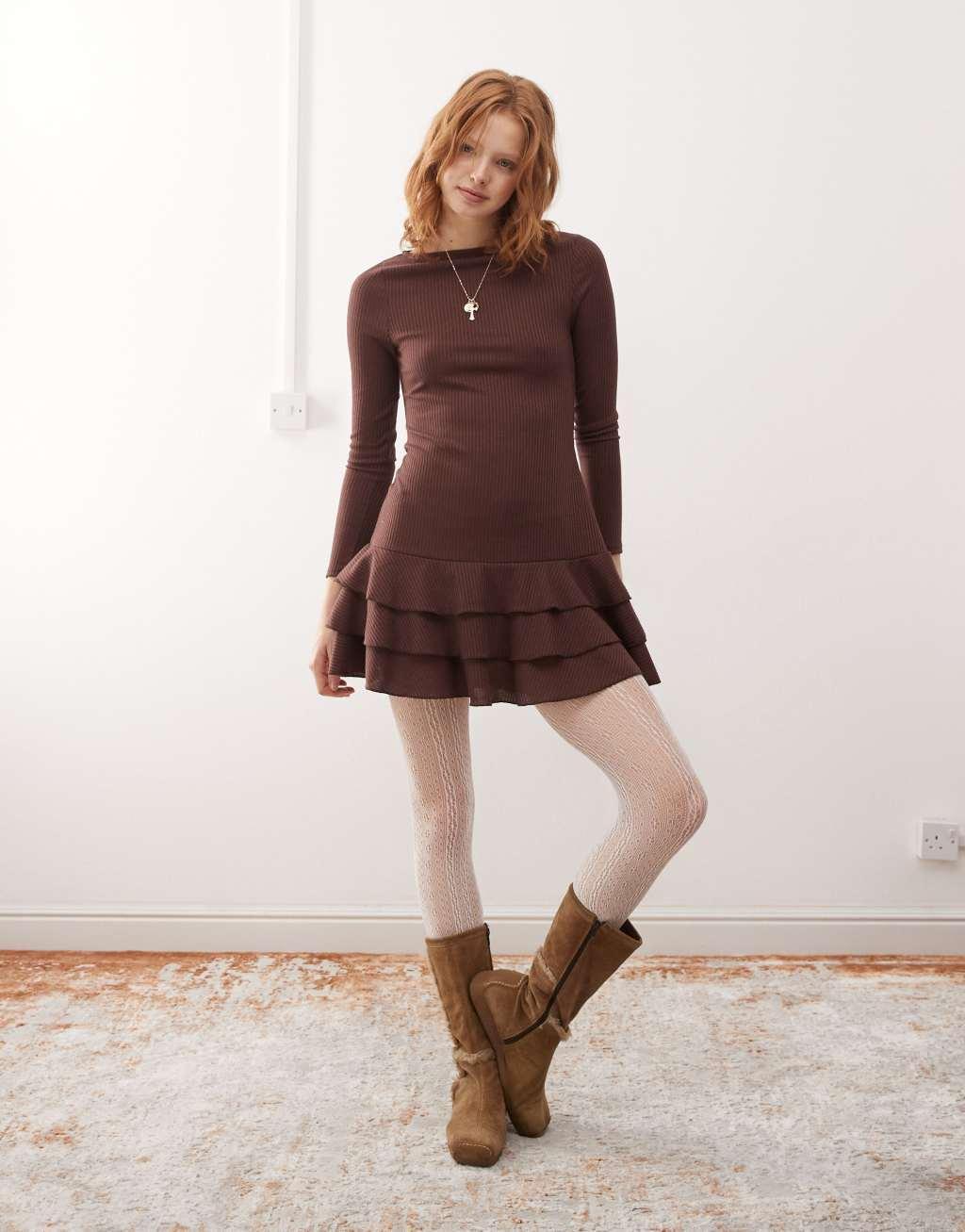 Reclaimed Vintage long sleeve ruffle drop waist mini dress in brown Product Image