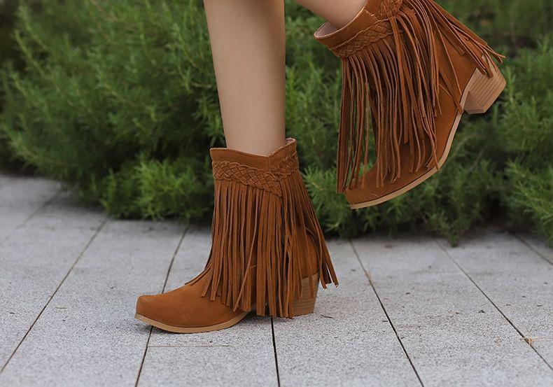 Tassel Chunky Heel Short Boots Product Image