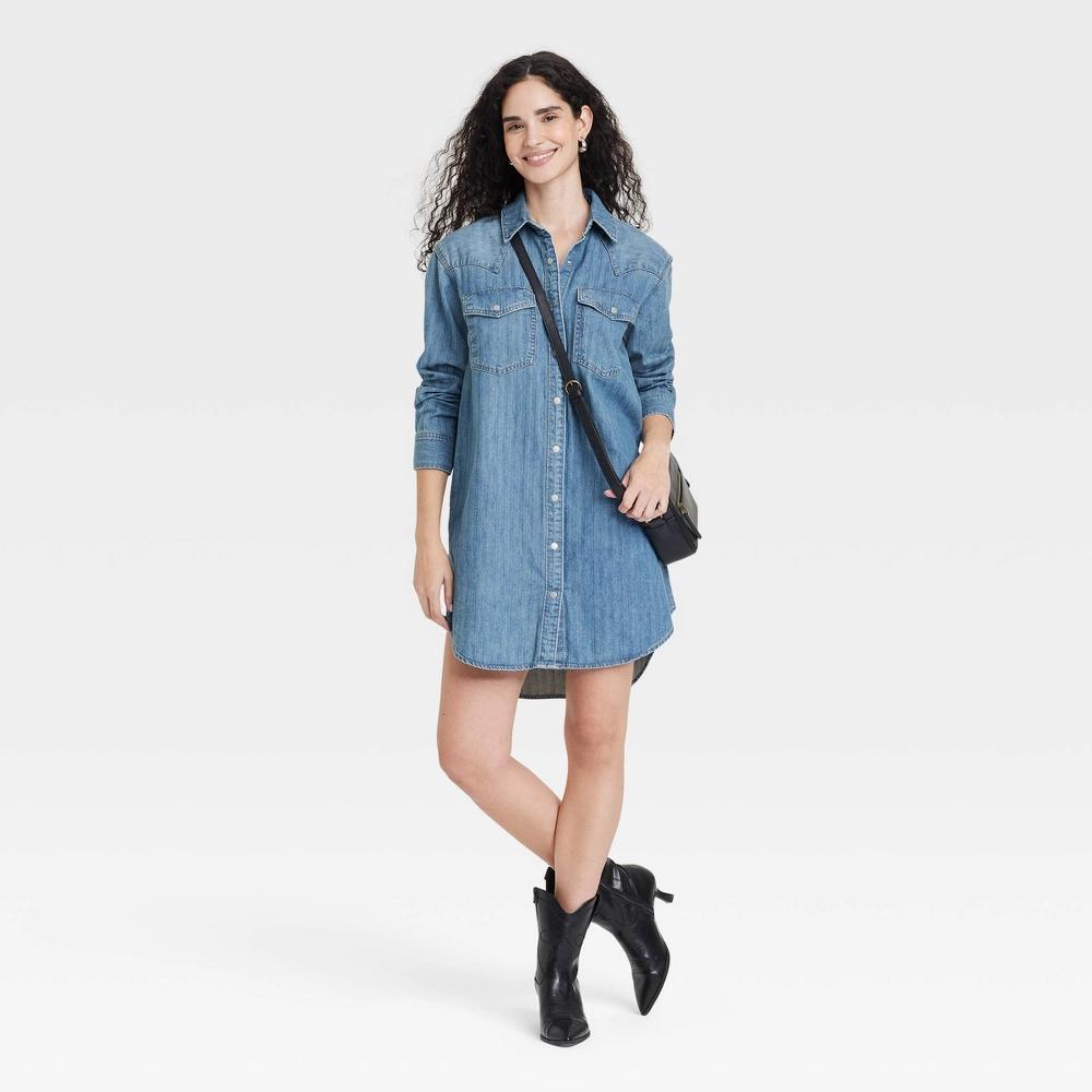 Women's Western Shirtdress - Universal Thread™ Medium Wash XS: Cotton Blend, Denim, Long Sleeve, Collared, Mini Length Product Image