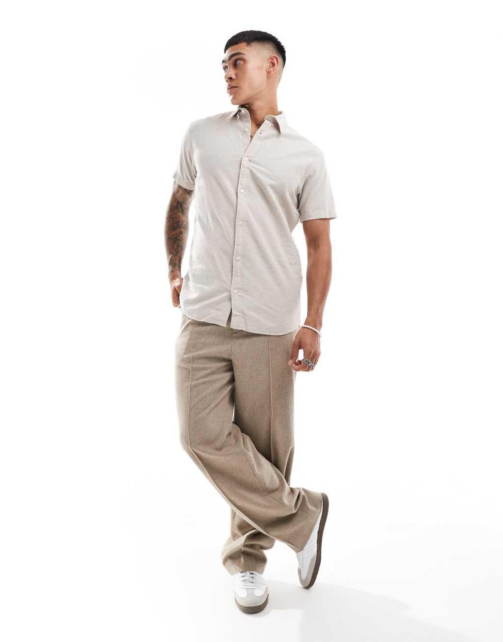 Jack & Jones linen mix shirt with long sleeves in beige Product Image