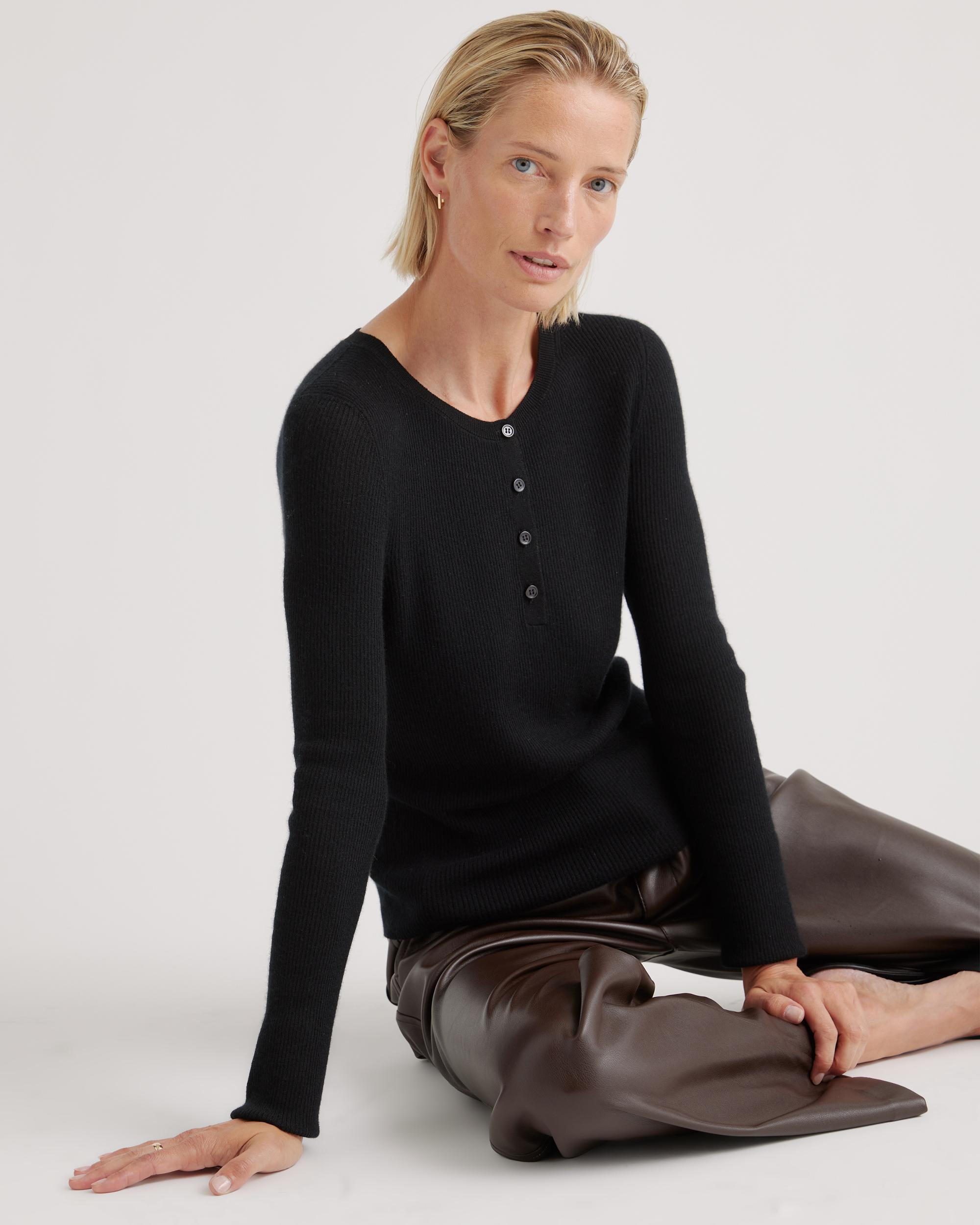 Quince | Women's Featherweight Cashmere Ribbed Henley Sweater Product Image