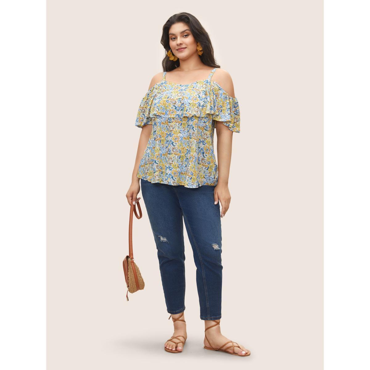 Plus Size Blue Floral One Shoulder Neck Adjustable Straps Blouse Women Resort Short sleeve One-shoulder neck Vacation Blouses BloomChic 18-20/2X Product Image