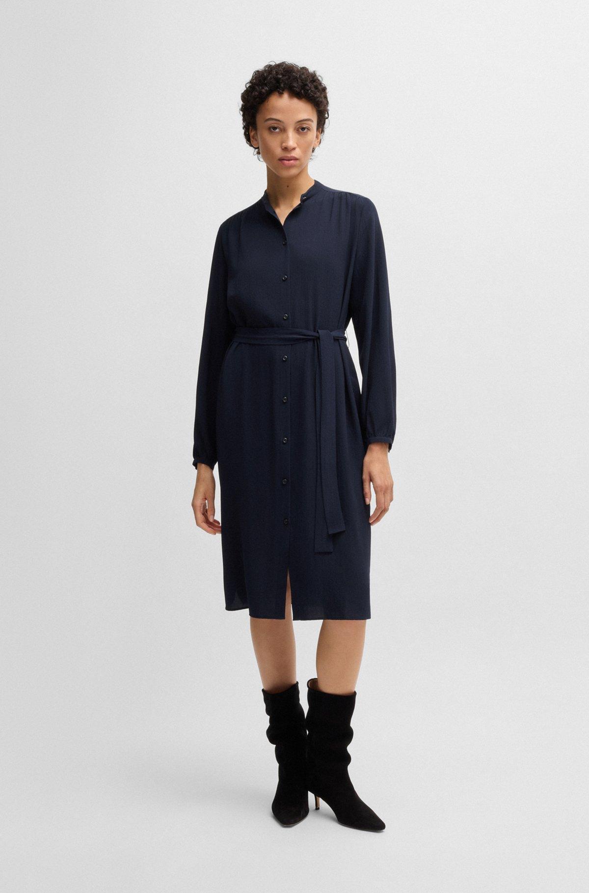 Belted shirt dress in crepe Georgette with stand collar Product Image