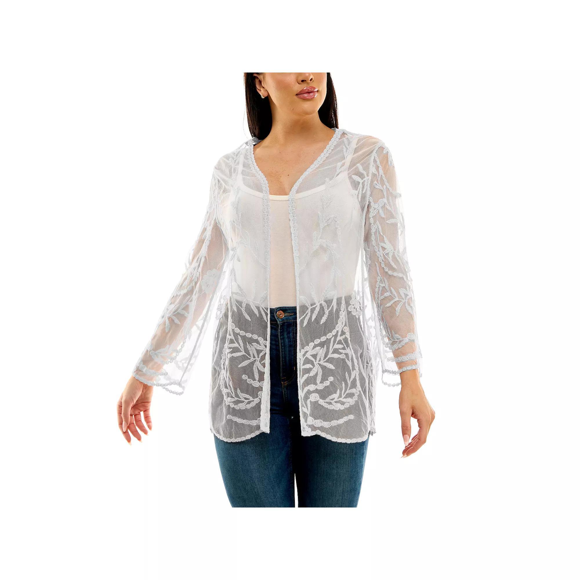 Women's Nina Leonard Floral Embroidered Mesh Long Bolero, Size: XL, White Product Image