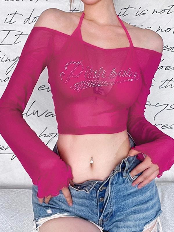 Perspective Letter Rhinestone Print Off Shoulder Long Sleeve Tee Product Image