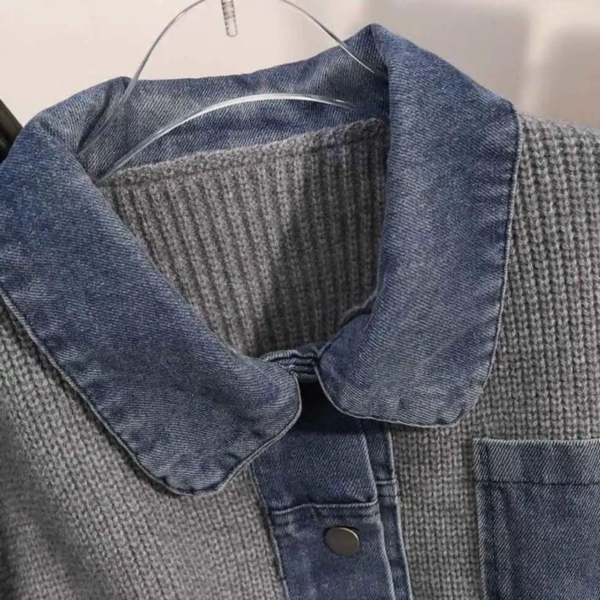 Collar Plain Pocket Detail Denim Panel Cardigan Product Image