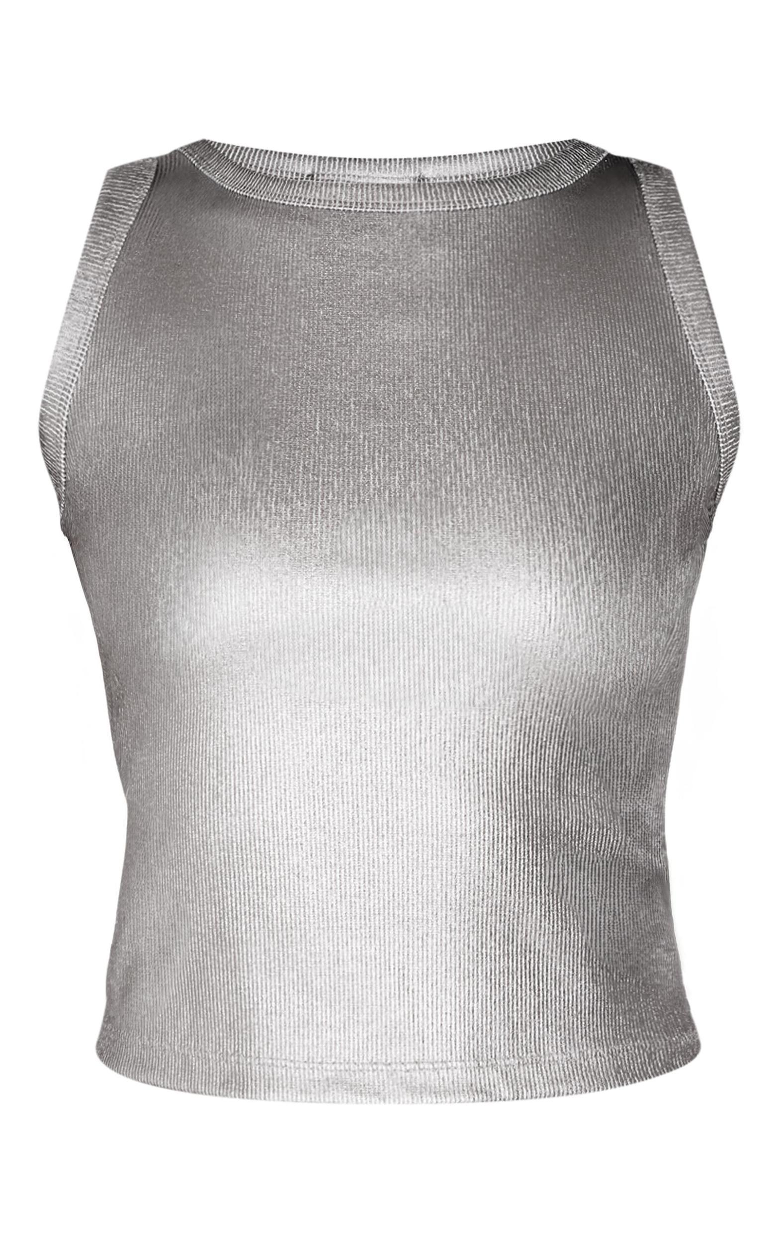 Dark Grey Metallic Ribbed Racer Long Vest Top Product Image