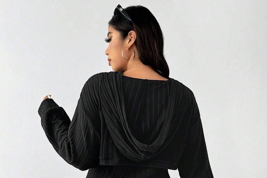 Plus Size Set: Long-Sleeve Hooded Striped Crop Top + Sleeveless A-Line Dress Product Image