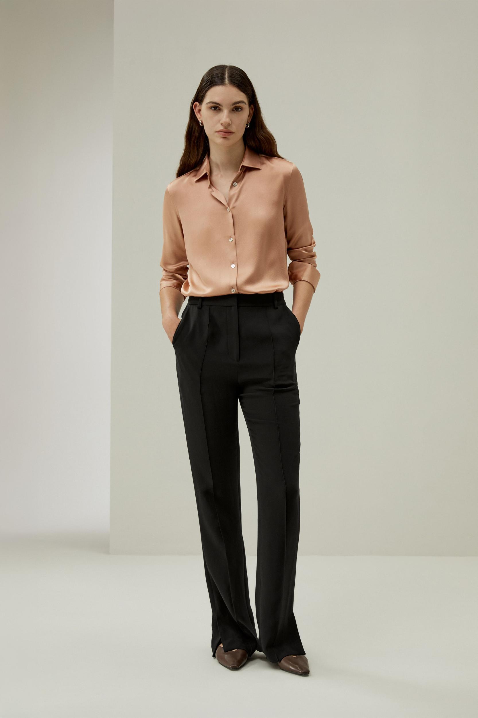 Minimalist Placket Silk Blouse with Shell Buttons Product Image