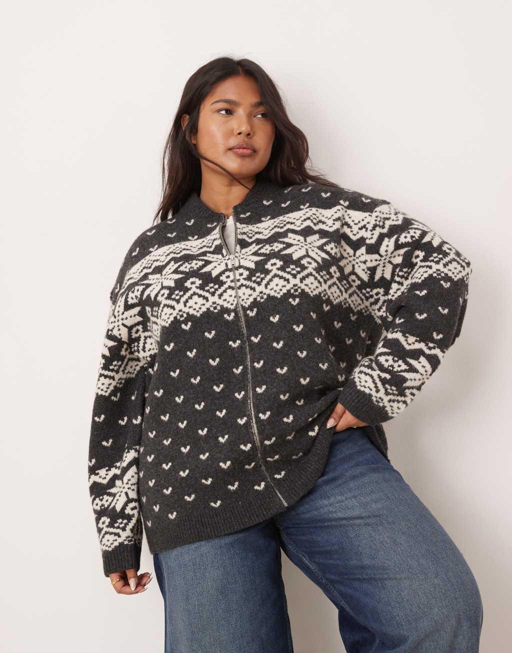 ASOS DESIGN Curve knitted collar zip through cardigan with fairisle pattern in charcoal and cream Product Image