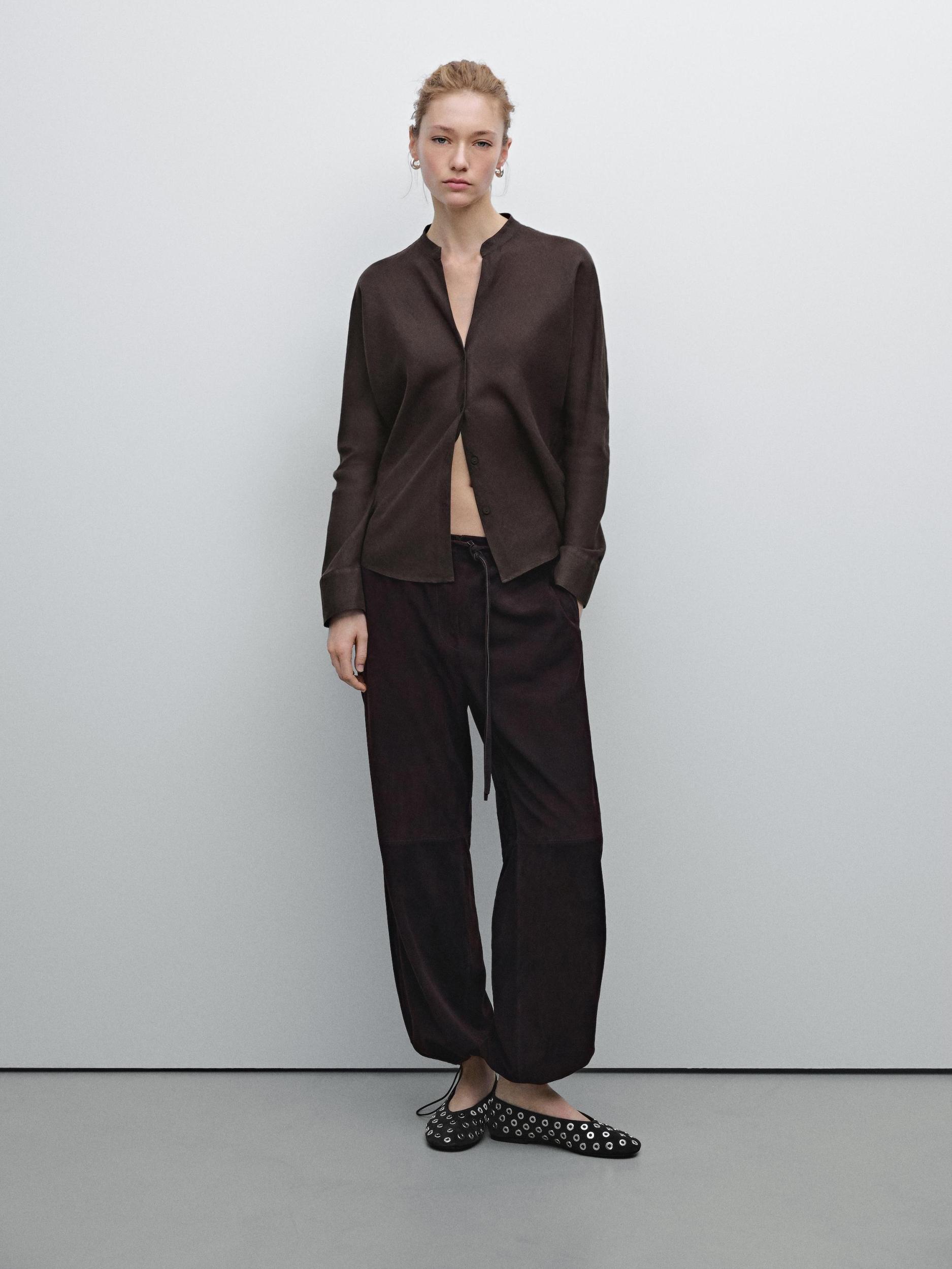 Flowing linen shirt with stand collar Product Image
