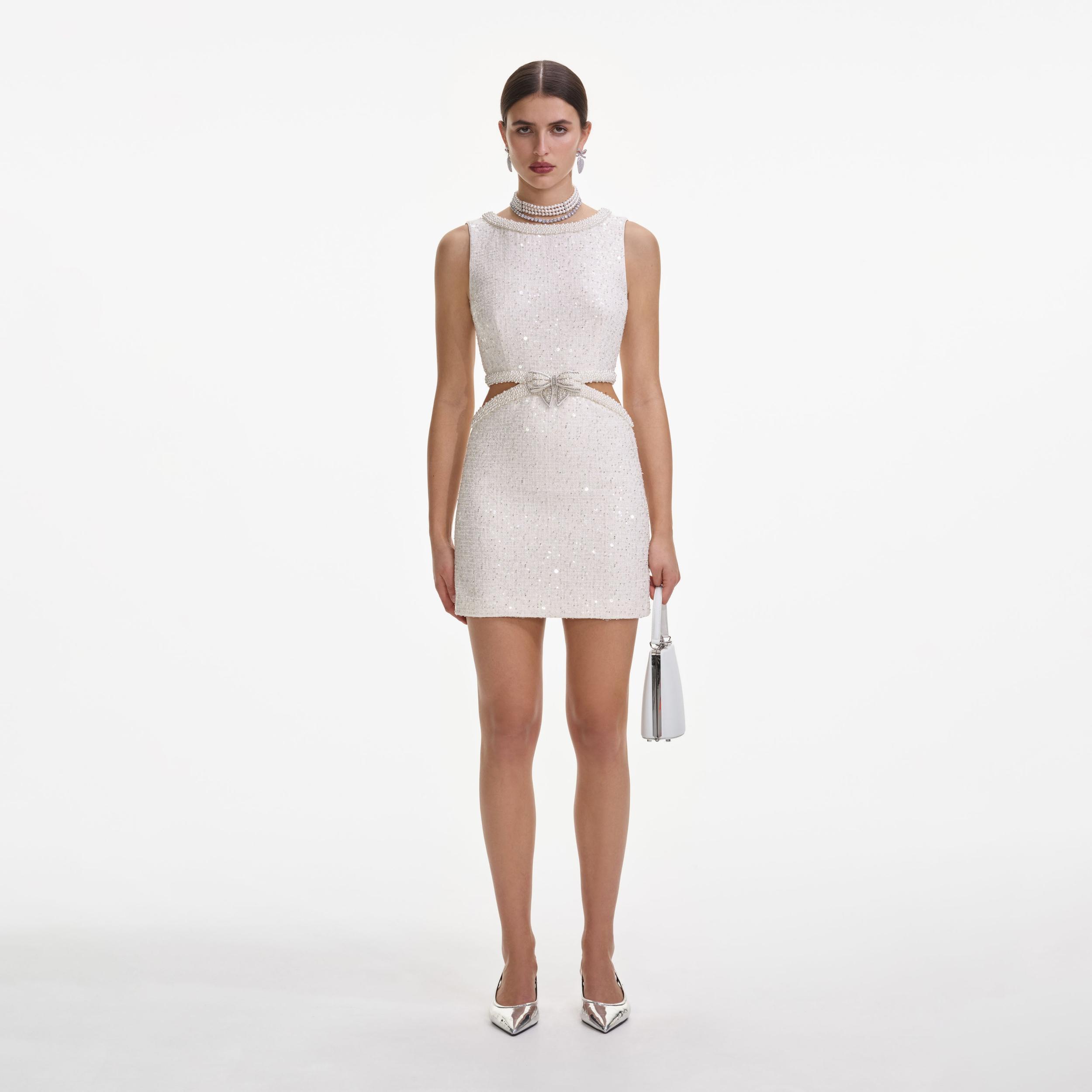 Cream Boucle Pearl Mini Dress Product Image
