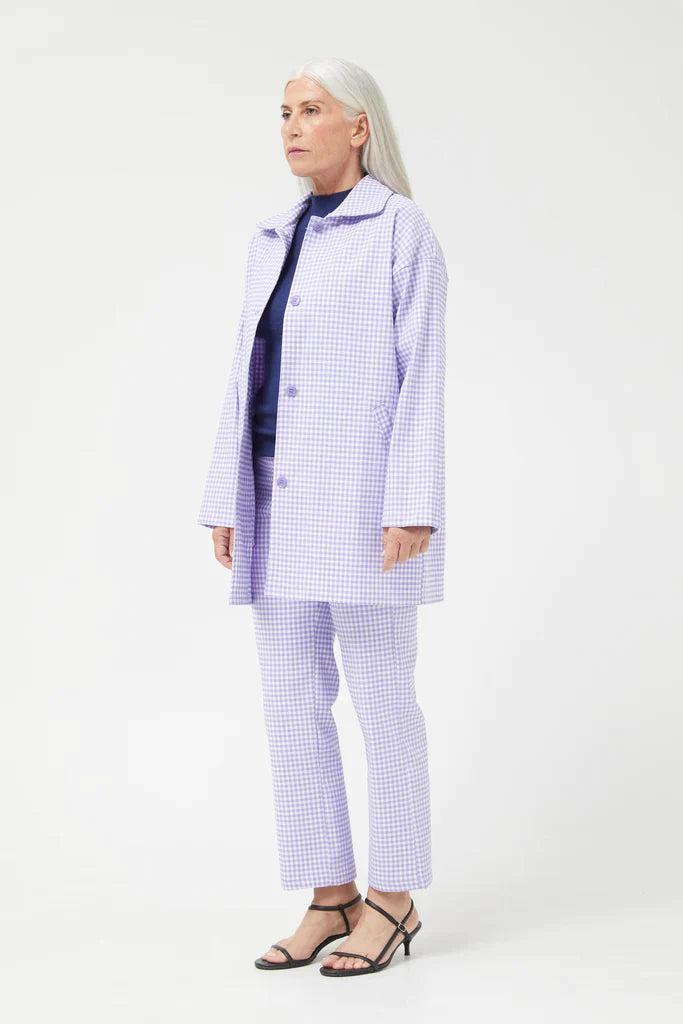 Compania Fantastica Straight lilac gingham check pants & Lilac gingham neoprene trench coat Product Image