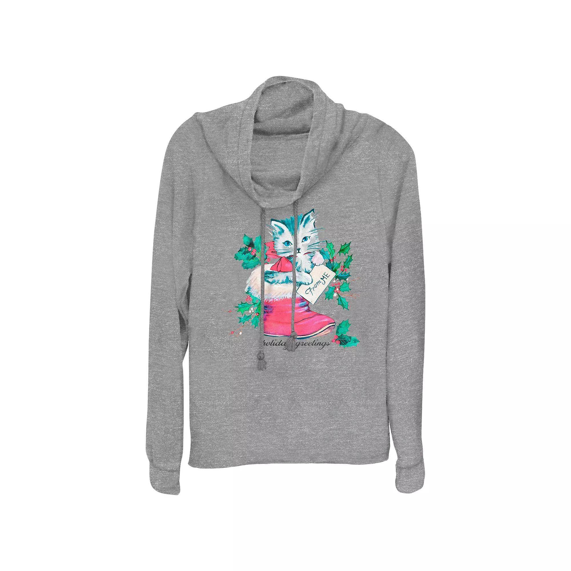 Women's Holiday Greetings Christmas Kitty Stocking Stuffer Cowlneck Graphic Lightweight Long Sleeve, Size: XXL, Gray Grey Product Image