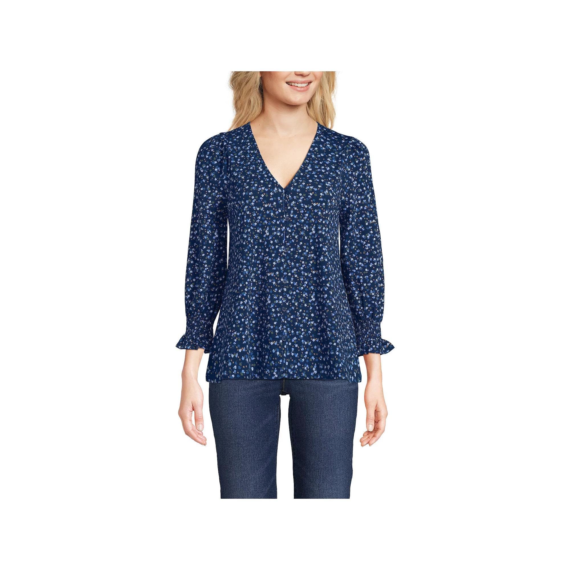 Petite Lands' End 3/4 Sleeve Lightweight Jersey Button Front Top, Women's, Size: Small Petite, Deep Green Product Image