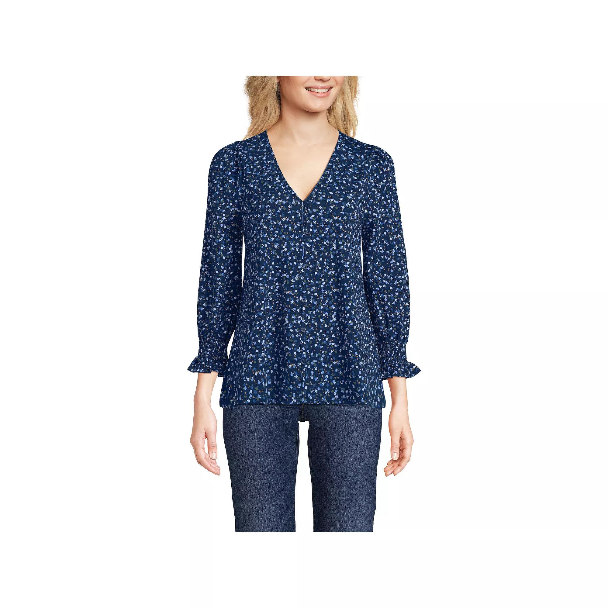 Petite Lands' End 3/4 Sleeve Lightweight Jersey Button Front Top, Women's, Size: Small Petite, Deep Green Product Image