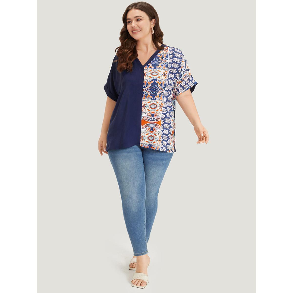 Plus Size Indigo Bandana Print Patchwork Contrast Roll Batwing Sleeve Blouse Women Vacation Short sleeve V-neck Dailywear Blouses BloomChic 26/4X Product Image