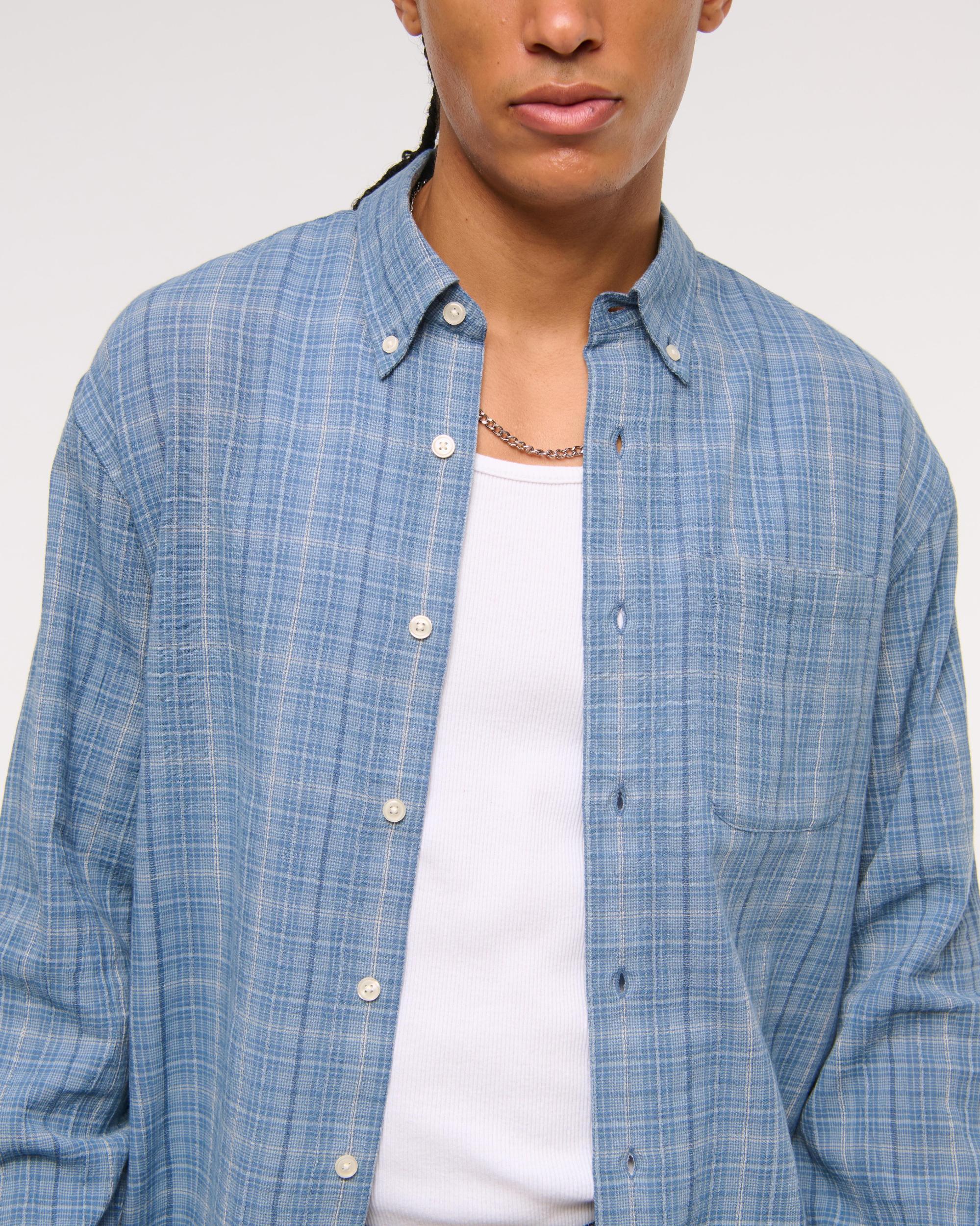 Long-Sleeve Textural Plaid Button-Up Shirt Product Image