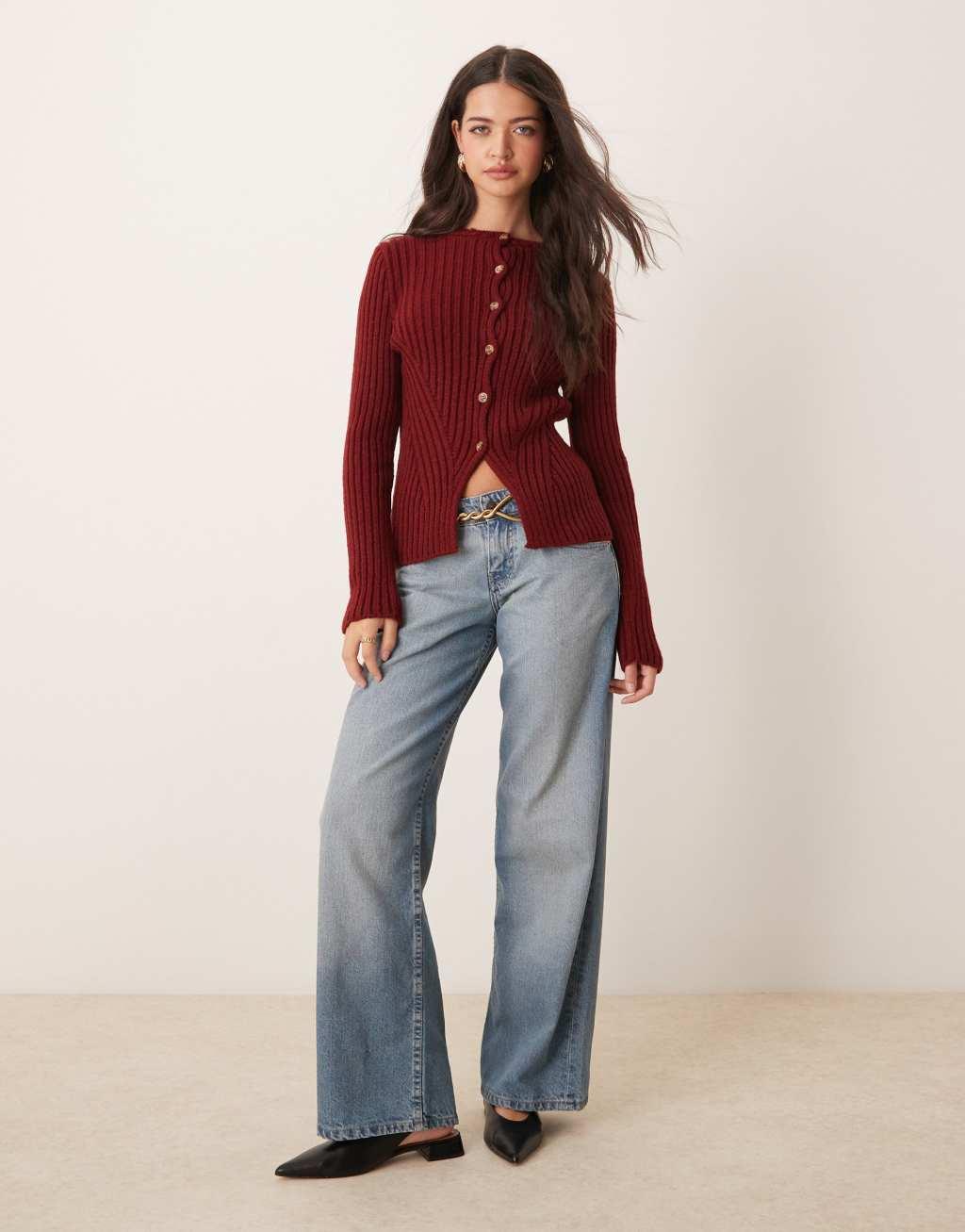 Miss Selfridge knit rib cardigan in burgundy Product Image