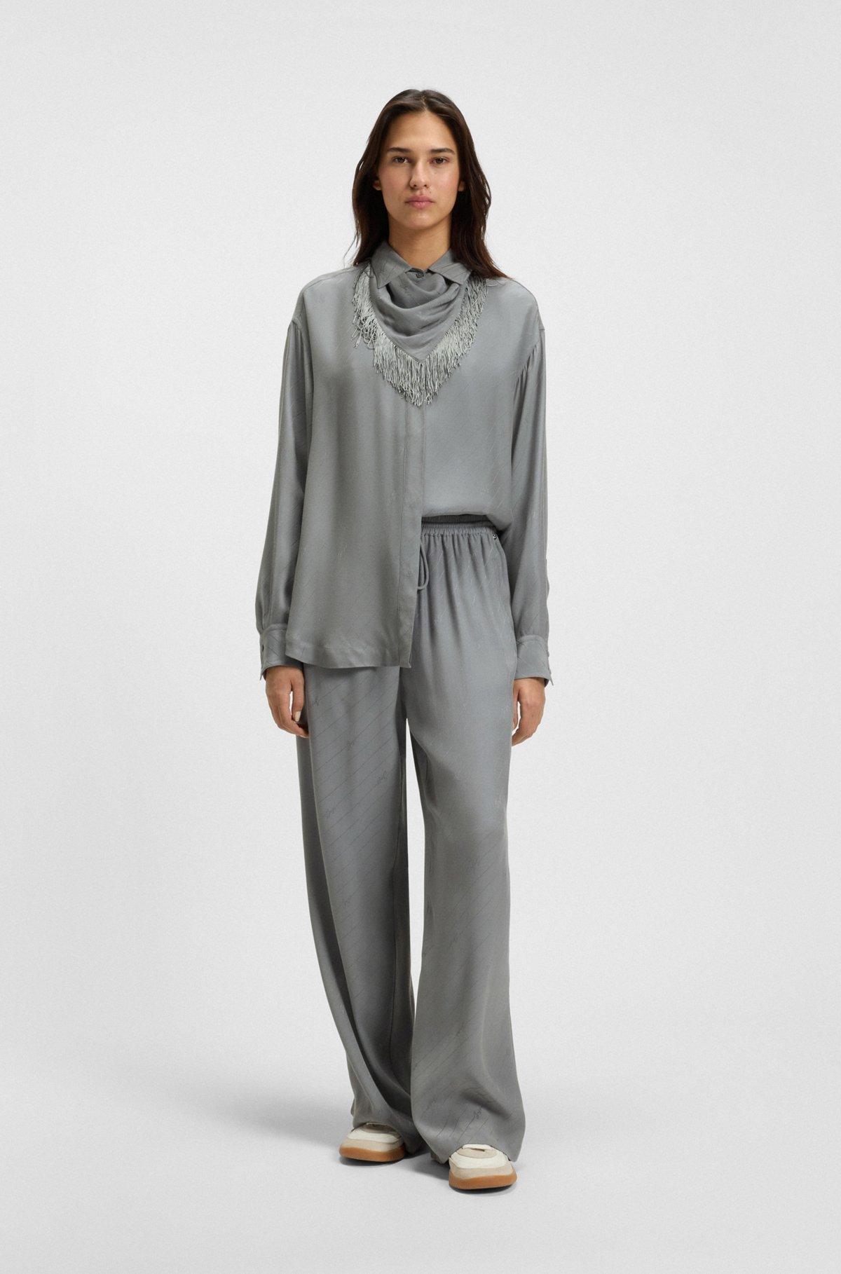 BOSS - Oversize-fit blouse with logos and fringing - Turquoise Product Image