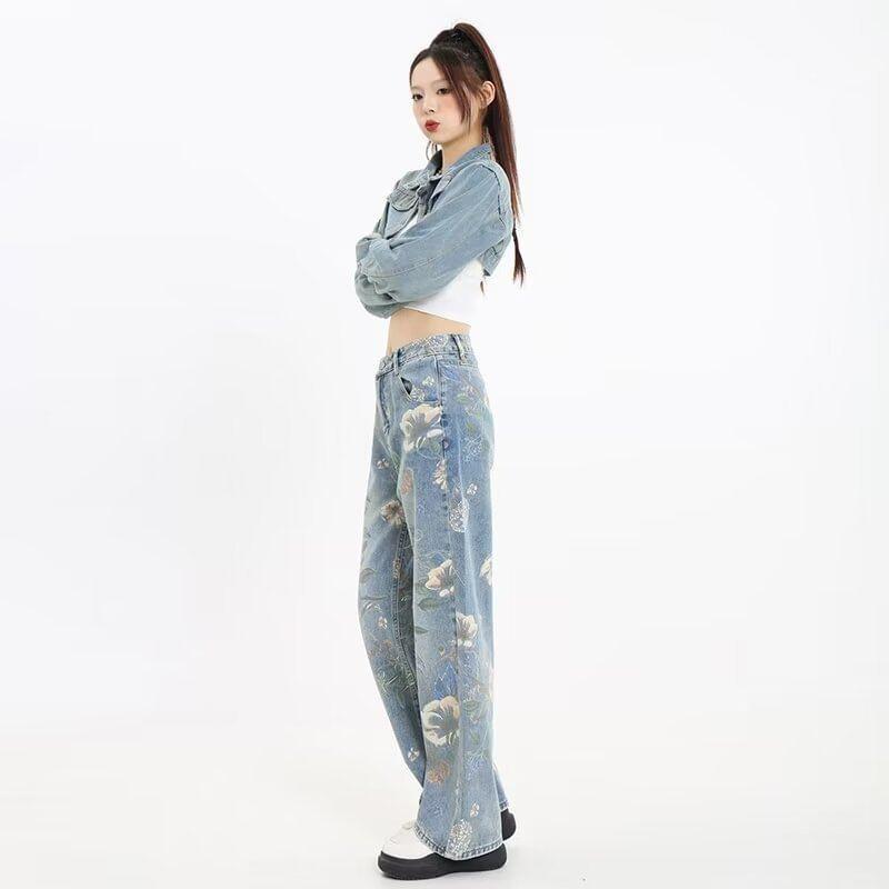High Rise Floral Print Washed Loose Fit Jeans Product Image