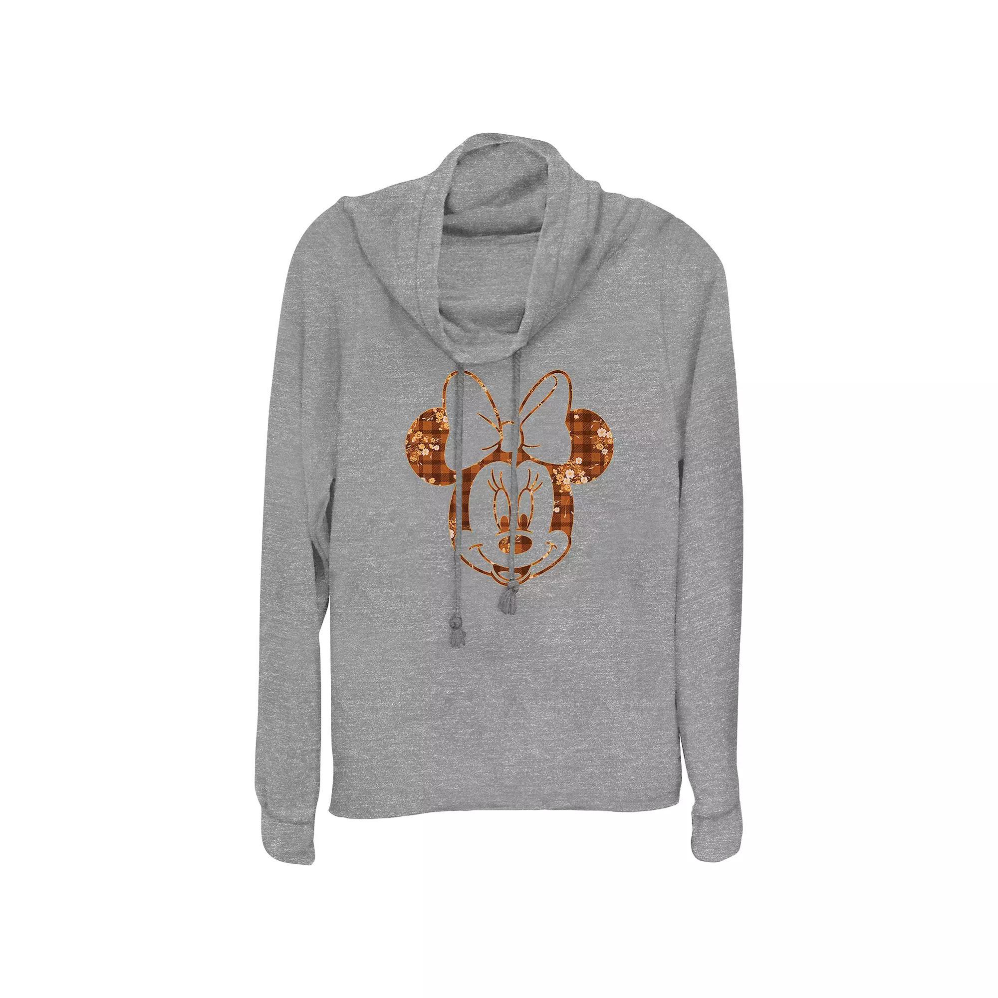 Disney's Minnie Mouse Plaid Floral Print Women's Cowlneck Graphic Lightweight Long Sleeve, Size: Small, Gray Grey Product Image