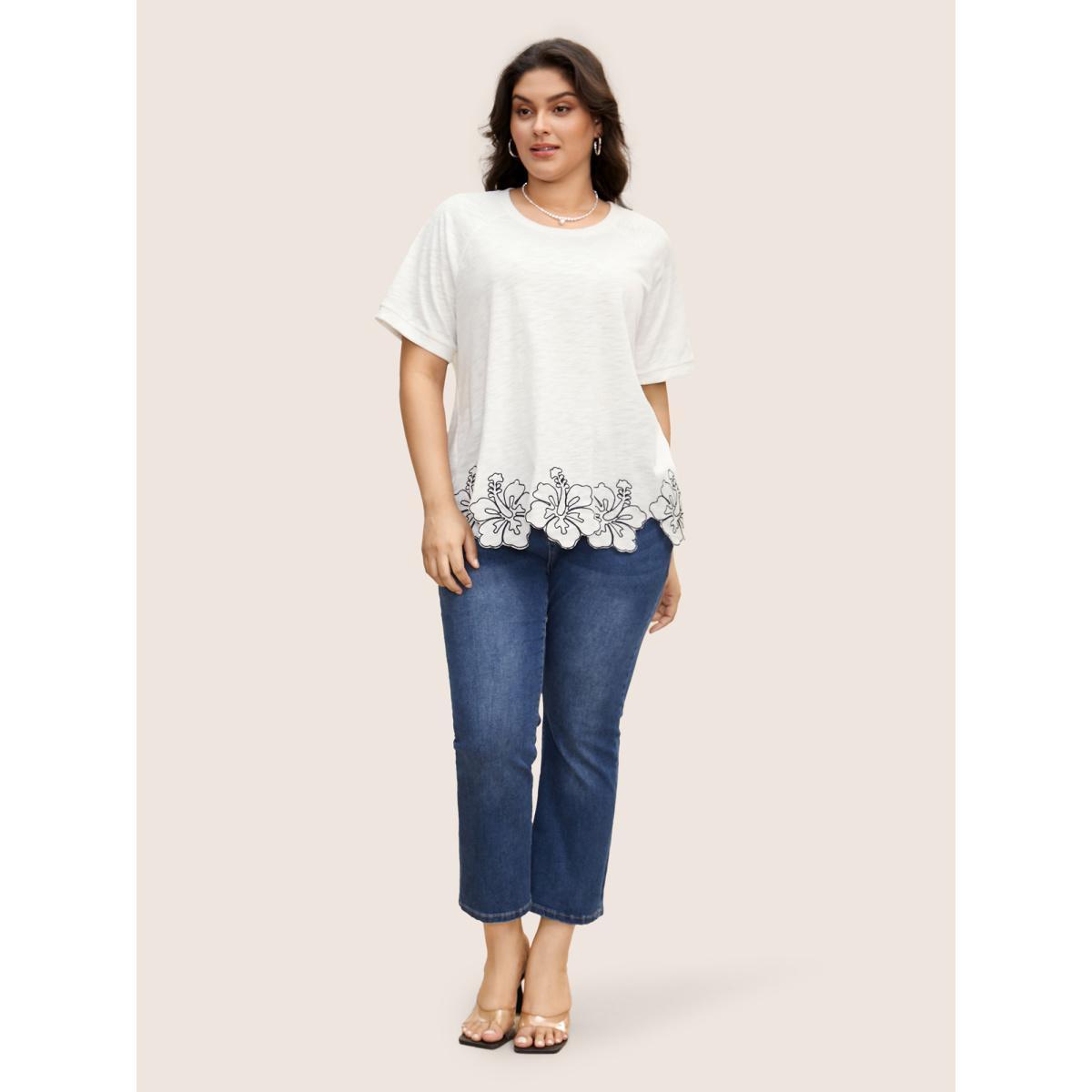 Plus Size Floral Embroidered Hem Raglan Sleeve T-shirt WhiteSmoke Women Resort Contrast Natural Flowers Round Neck Vacation T-shirts BloomChic 12/L Product Image