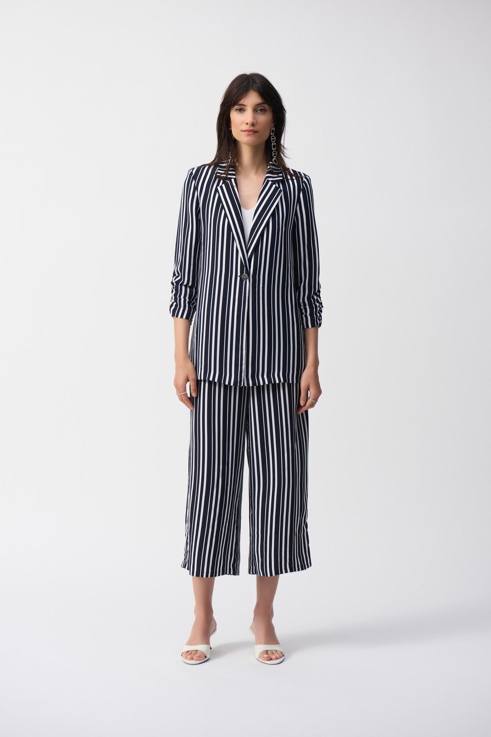 Woven Stripe Print Boxy Blazer- Midnight Blue/Vanilla Product Image