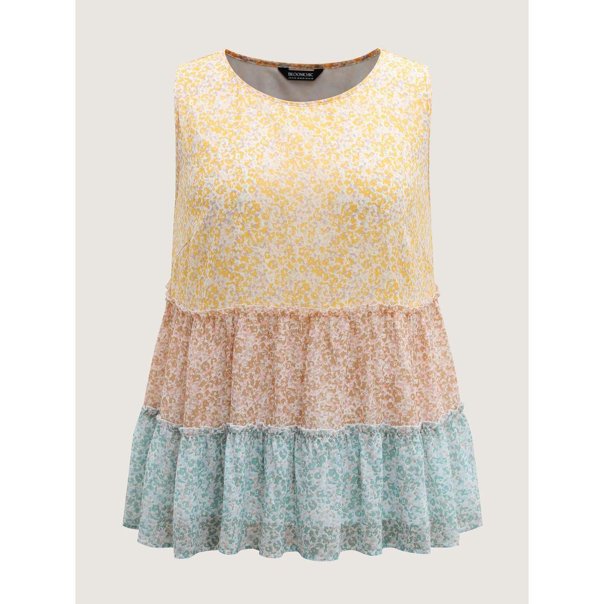 Plus Size Chiffon Color Block Tiered Tank Top Women Multicolor Gathered Round Neck Everyday-Elegant Tank Tops Camis BloomChic 14-16/1X Product Image