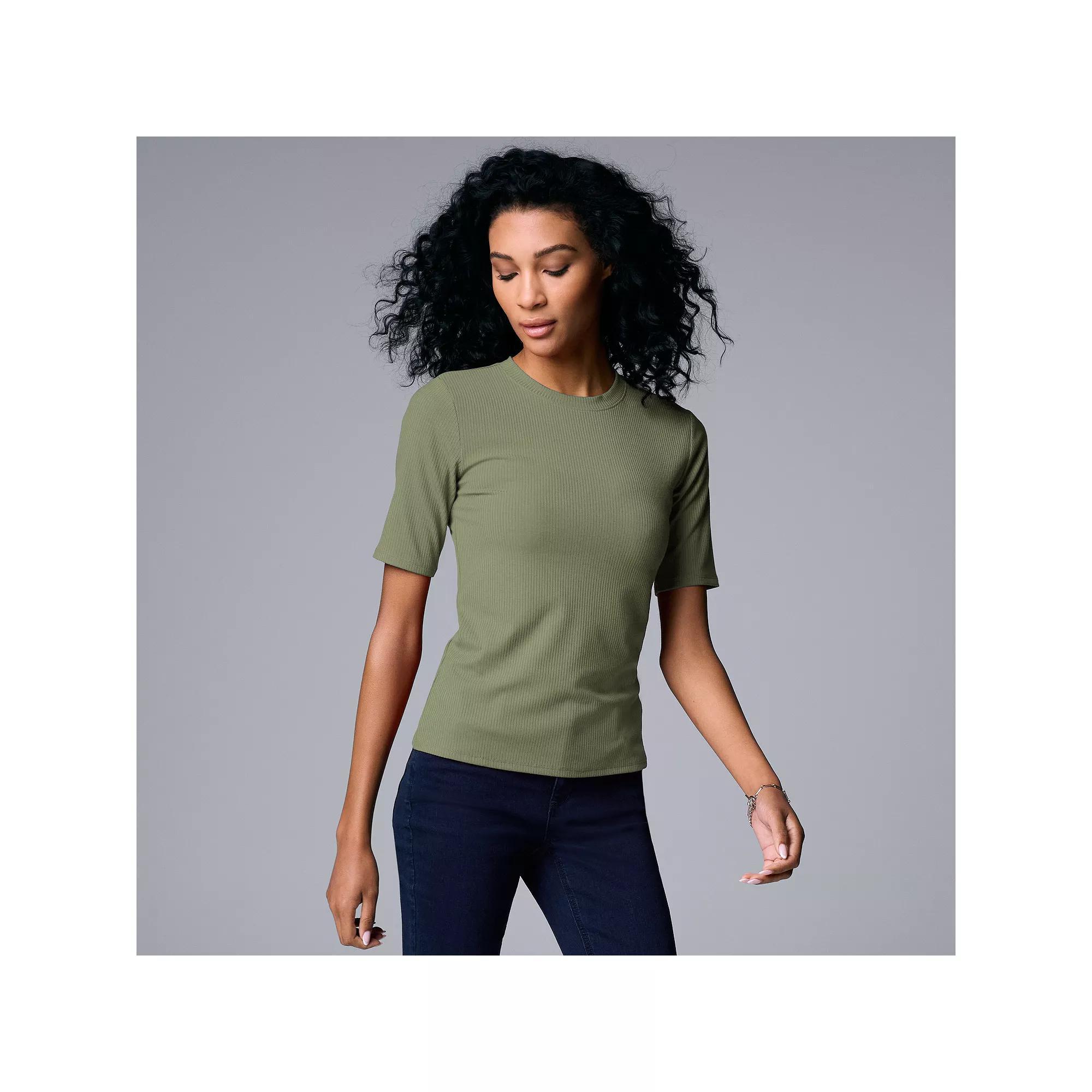 Women's Simply Vera Vera Wang Ribbed Fitted Elbow Sleeve Tee, Size: Large, Erika Green Product Image