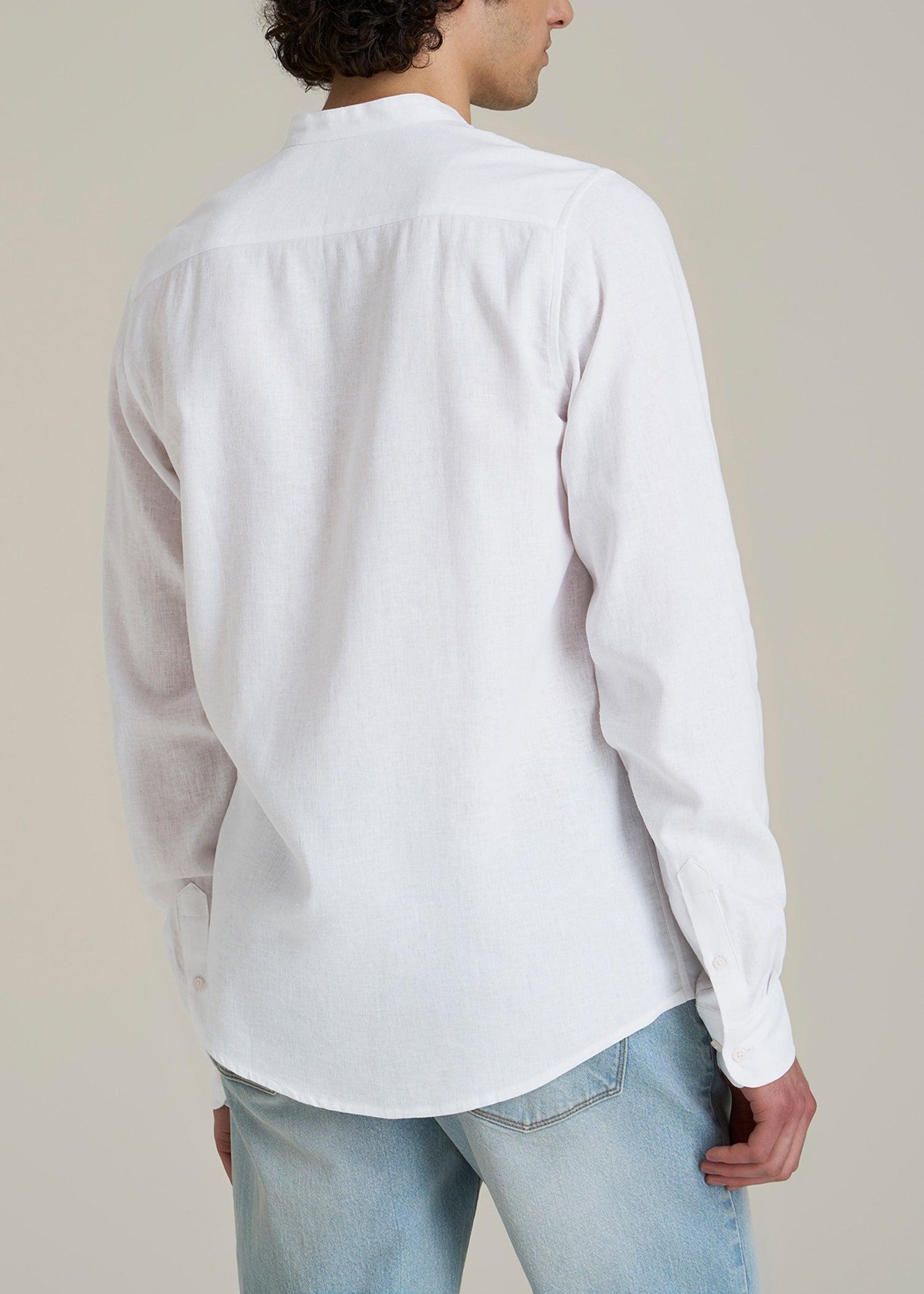 Band Collar Linen Button Shirt for Tall Men in Optic White Product Image