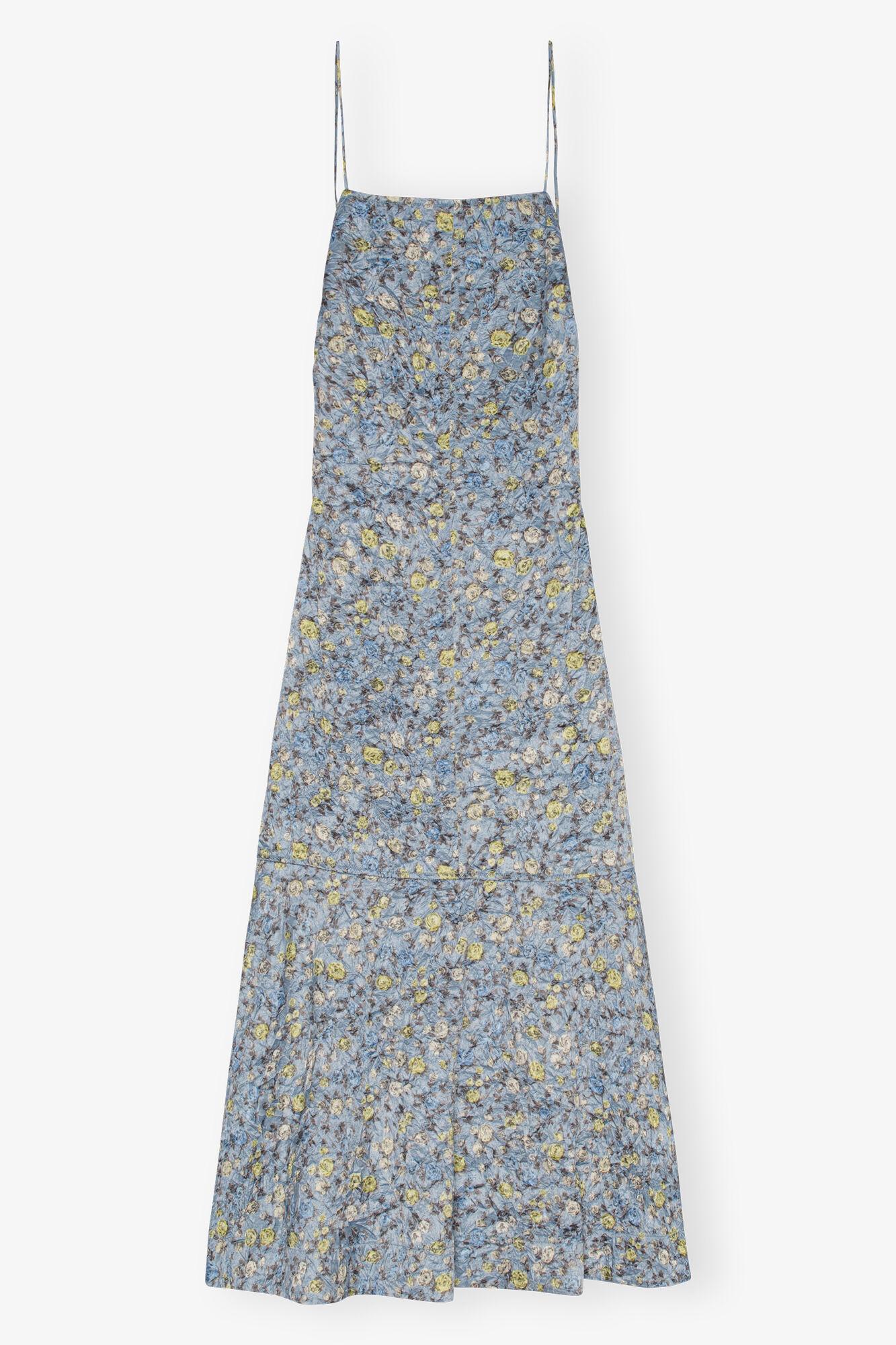 Blue Floral Crinkled Satin Long Dress Product Image