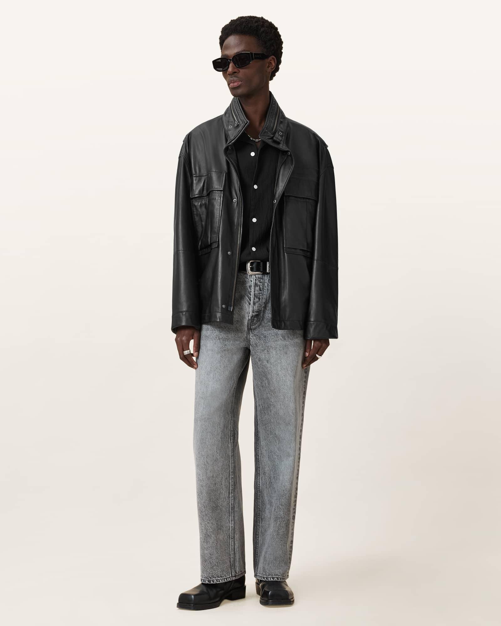 Halton Funnel Collar Leather Jacket Product Image