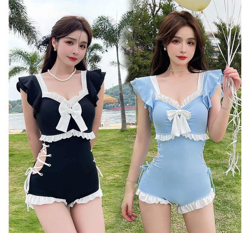 Cap-Sleeve Ruffled Lace-Up Swimsuit Product Image
