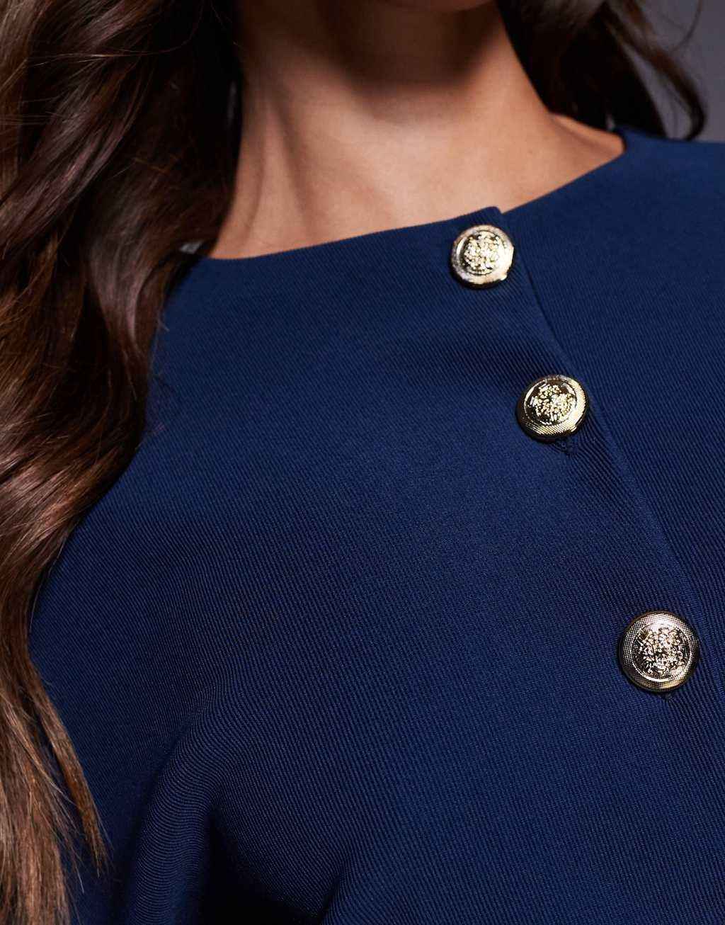 ASOS DESIGN ribbed balloon sleeve structured button-through top in navy Product Image