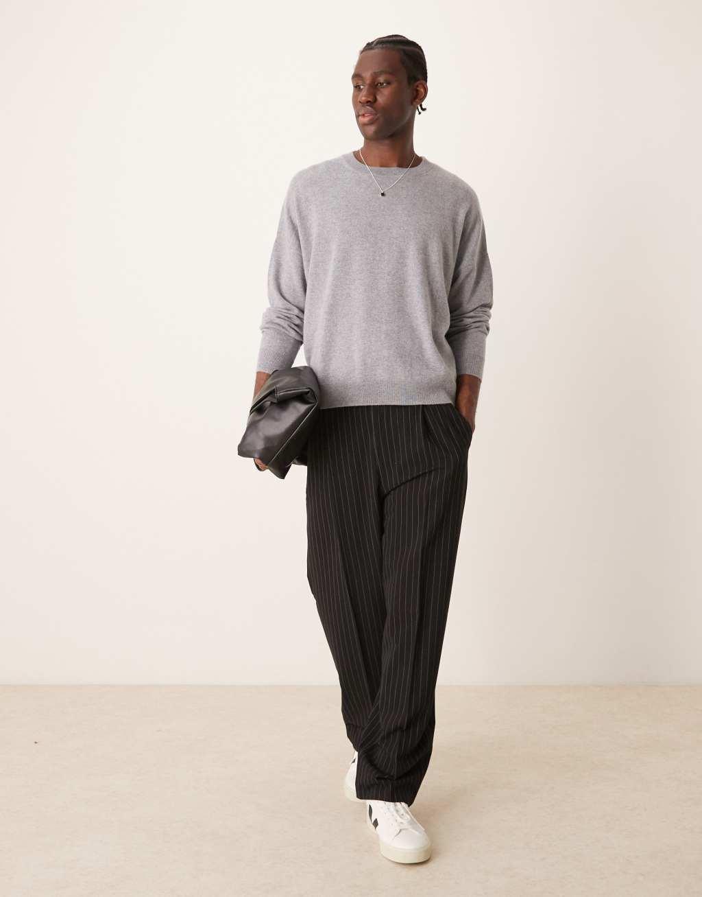 ASOS DESIGN Premium 100% cashmere oversized boxy fit crew neck sweater in gray heather Product Image