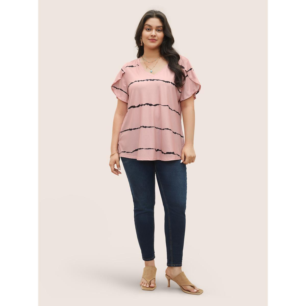 Plus Size Striped Contrast Petal Sleeve T-shirt Crepe Women Elegant Striped Everyday T-shirts BloomChic 22-24/3X Product Image
