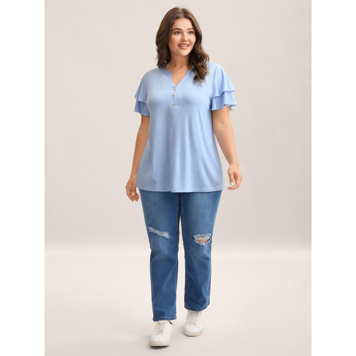 Plus Size Layered Lotus Leaf Sleeve Plain T-Shirt LightBlue Women Button Notched collar Everyday-Casual T-shirts BloomChic 18-20/2X Product Image